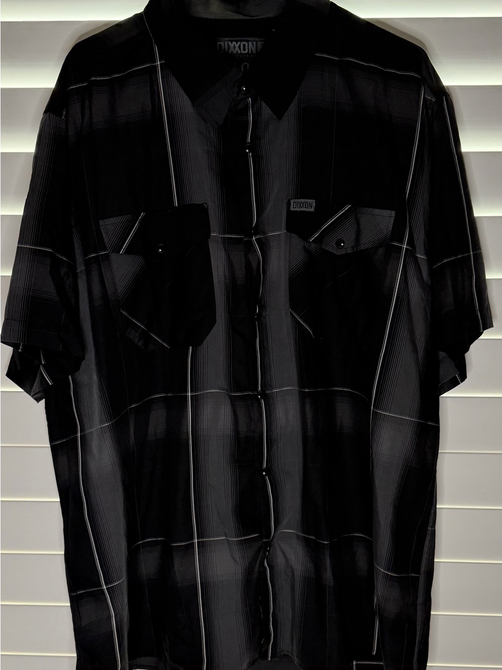 DIXXON Bamboo Blend Black Short-Sleeve Button-Up Shirt with Subtle Plaid